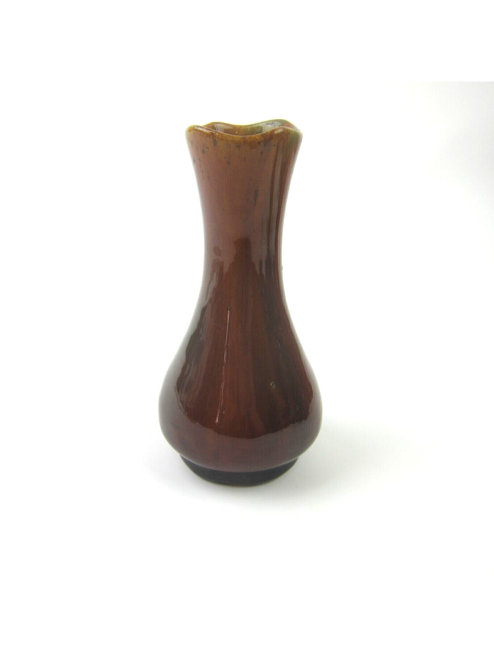 Antique Rockingham Art Pottery Bud Vase 5.5" Mottled Brown Green Drip Fluted Rim